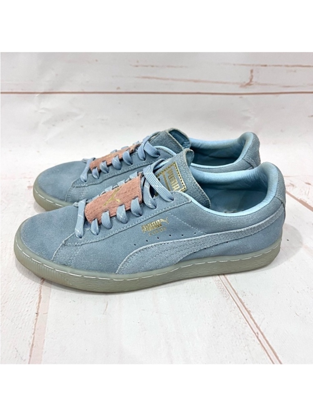 Puma Classic Suede Epic Remix Baby Blue Fog Salmon Pink Gold Training Sneakers